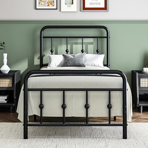 Catrimown Twin Bed Frames with Vintage Headboard and Footboard, Victorian Style, Wrought Iron, Under Bed Storage, No Box Spring Needed, Noise Free, Heavy Duty, Black Cover