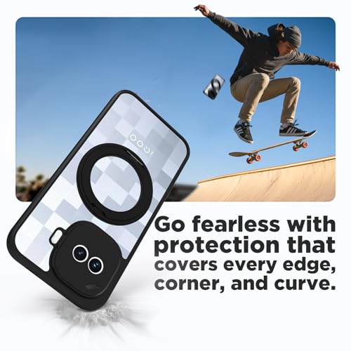 Image of RIGGEAR Shockproof Sleek Hybrid Armor 360 Rotating Magnetic Ring Stand Back Cover Case Compatible with MagSafe Accessories for iQOO 15R 5G (Clear PC + Black TPU Bumper)