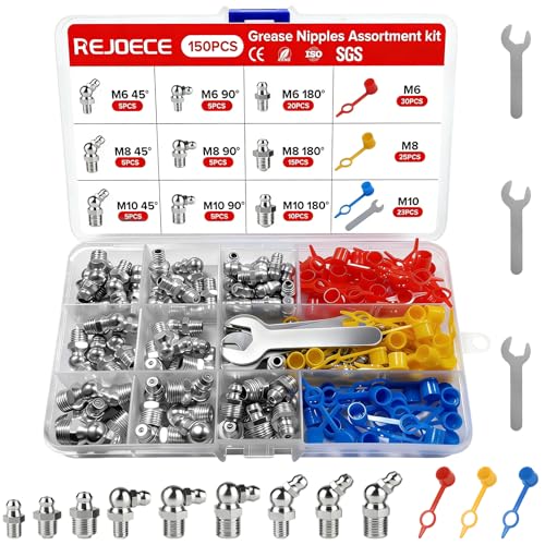 REJOECE 153 Stück Schmiernippel Sortiment Kit M6 M8 M10 Schmiernippel Set with Schmiernippel Kappen Gerade und Abgewinkelt 4590 KegelSchmiernippel für Schmierpressen Hydraulische Fettbeschl