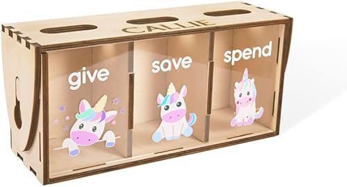 Miniatura 5 de Alcancías de madera de dibujos animados para niños, patrones decorativos de unicornio que ahorran gastos con 3 cajas de sombra y agujeros, nombre de
