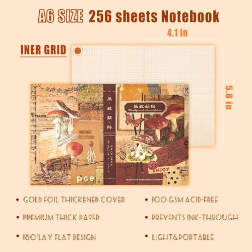 Image of The AutoStory Cottagecore Scrapbook Kit A6 Junk Journal Notebook Stickers Rustic Collage Paper Washi Tape DIY Craft Art Diary Planner Decor Gift for Teens Girls (Mushroom in the Wind, Brown)