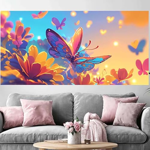 Diamond Painting Fleur papillon 5D grand format 100x300cm avec strass complet