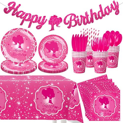 JOLJUMP 162-Piece Hot Pink Birthday Tableware Set for 20 Guests