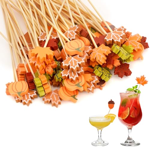 Fall Thanksgiving Cocktail Picks 100 PCS Toothpicks for Appetizers Maple Leaves Pumpkins Acorn Decorative Fancy Picks for Food Bamboo Food Sandwich Skewers Dessert for Thanksgiving Party Decoration