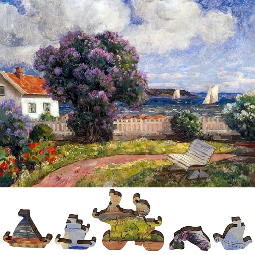 Wooden Puzzle for Adults - Uniquely Shaped Pieces - Made in The USA by FoxSmartBox - 215 Pieces - Coast Landscape with Blossoming Lilac Bush