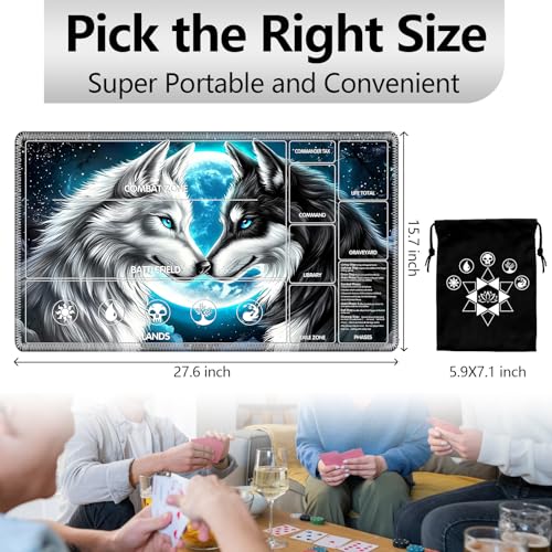 Image of for MTG Playmat with Card Storage Bag,Non-Slip Rubber Base & Smooth Surface 27.6x15.7in,Beginner-Friendly Magic Mat for Commander Deck,Black White Wolf Moon