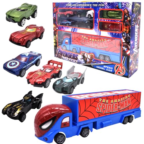 Spider Toy Transporter Truck, 7PCS Spider Mini Truck Model Car Play Vehicles Friction Powered Race Cars Set Gift for Kids
