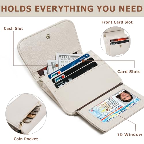 Image of Women Small Wallet RFID Blocking Slim Wallet with Coin Pocket Tri-Fold Credit Card Holder with ID Window and Keychain(Beige)
