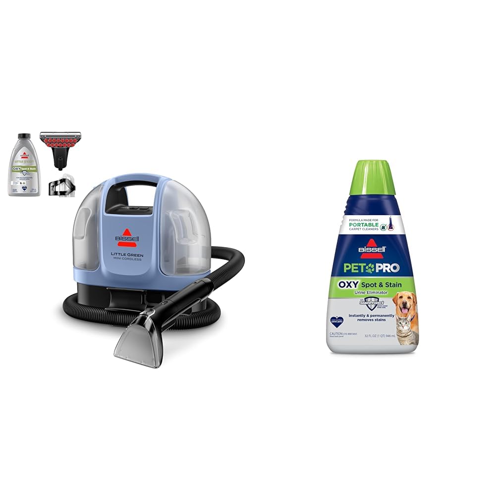 BISSELL Little Green Mini Cordless Portable Carpet and Upholstery Deep Cleaner, 4015L + BISSELL® PET PRO OXY Spot &amp; Stain Formula for Portable Carpet Cleaners, 32 oz., 2034