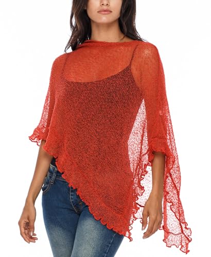 Image of SHU-SHI Women's Sheer Knit Poncho Shrug Lightweight Asymmetrical Ruffle Wrap Dressy Summer Shawl Cover Up Top