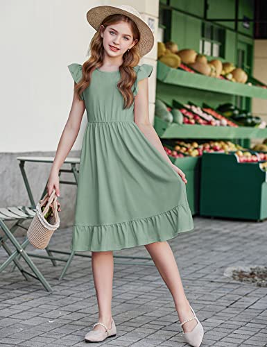 Girls Dress Tie Back Flared Sleeve Ruffle Hem A-Line Sundress Casual Midi Dresses 4-12 Years2