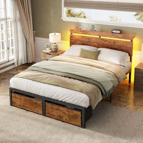 Image of Forestell Full Size Bed Frame with Wood Headboard, Metal Platform Bed with 2 Storage Drawers & Shelf, Built in Charging Station & LED Lights, No Box Spring Needed, Vintage Brown, Camas Full