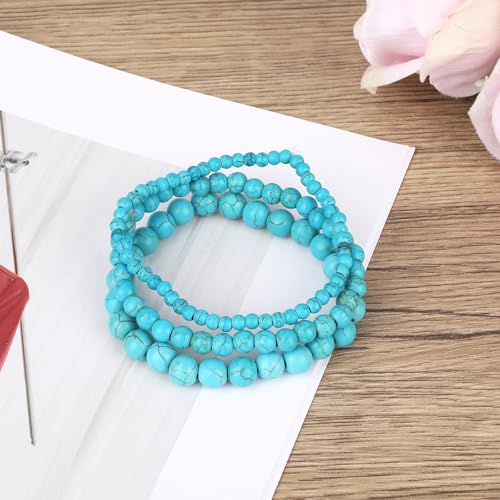 3pcs Turquoise Bracelet, 3 Sizes Turquoise Beaded Bracelet Green Stone Fidget Jewelry Blue Gemstone Elastic Bead Chain for Women Men Friends Coworkers3