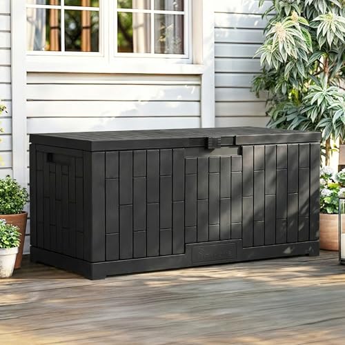 YITAHOME Large Outdoor Storage Box, 120 Gallon Waterproof Resin Deck Box with Slide-Locking Lid, Patio Storage Bin and Bench Seat for Garden Tools, Cushions & Pool Supplies, Easy Assembly, B