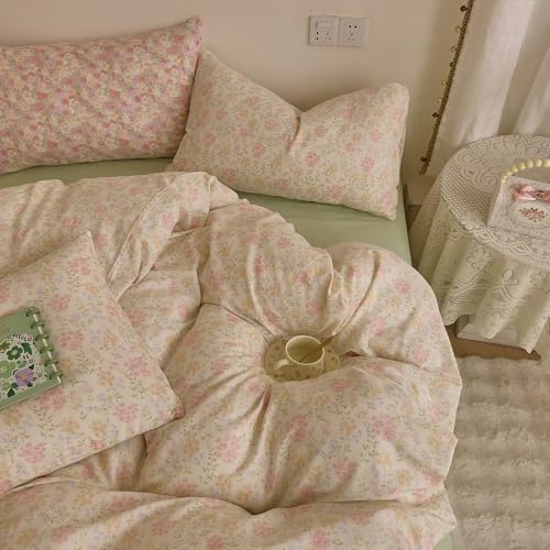 Image of VM VOUGEMARKET Flower Duvet Cover Twin Sage Green Teen Girls Cotton Duvet Cover with Zipper Ties Chic Rust Floral Bedding Set Without Comforter -Green,Twin