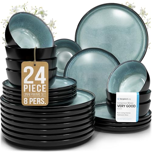 24 Piece Dinnerware Sets for 8 – Modern Style Stoneware Dinnerware Set – Scratch Resistant, Dishwasher Safe Plates and Bowls Sets Ceramic, Dish Set, Bowl and Plate Set – Black and Petrol Blue…