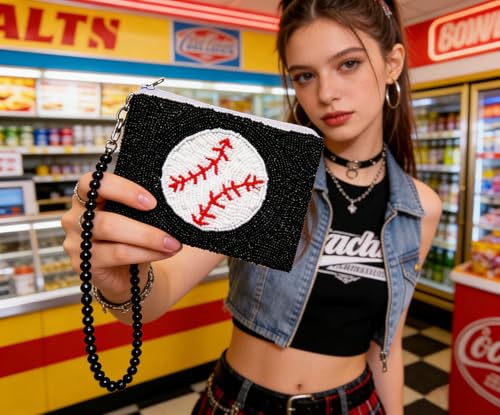 Image of Game Day Coin Purse Beaded Baseball Coin Purse for Women Sports Holiday Coin Pouch Small Change Purse Wallet for Her (Black Baseball)