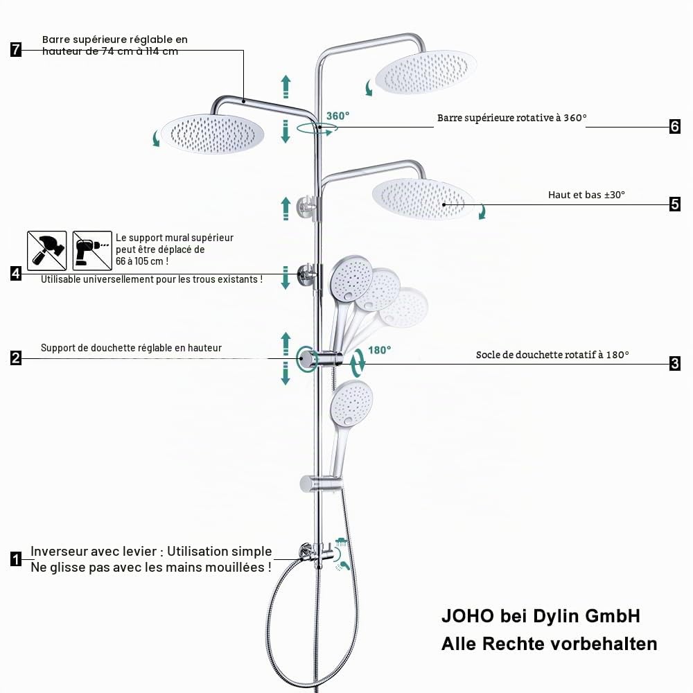 JOHO Colonne de douche Inox sans Robinetterie Thermostatique, SystèmePluie pour Cabine Baignoire avec Barre Réglable Hauteur et Tête de Douche 20 cm Chromé