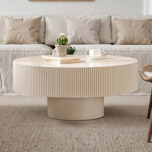 Round Drum Coffee Table 30.7'' Handcraft Fluted Coffee Table Modern Unique Circle Accent Center Table for Living Room with Sturdy Pedestal Gear Easy Assembly for Small Space,Off White Thick