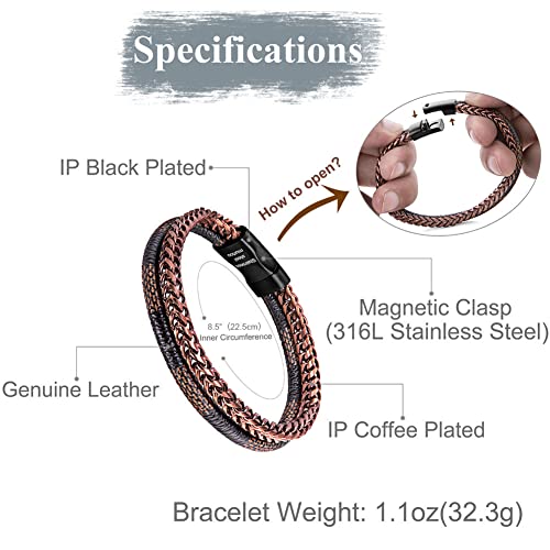 Image of Men's Leather and Steel Chain Bracelet with Clasp