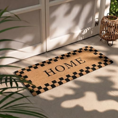 Image of ATMAH Home Checkered Border Coir Door Mat 40 x 90 cm | Heavy Duty Entrance Mat | Anti Slip PVC Backing | Indoor & Covered Outdoor Doormat