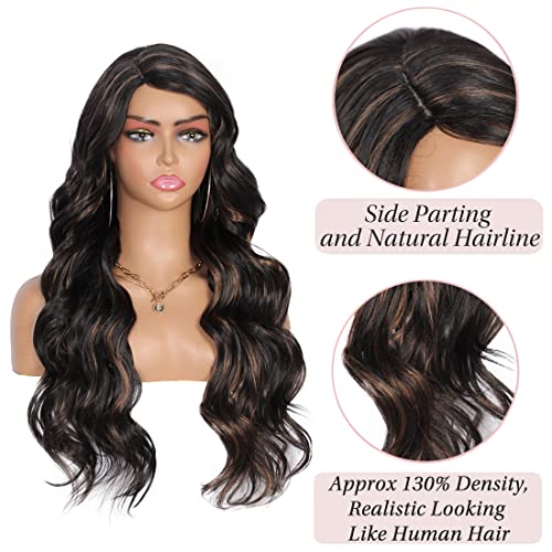 Kalyss 28 Inches Black Brown Highlights Yaki Synthetic Hair Wigs For Women Long Body Wavy Curly Wigs L Parting Natural Looking Heat Resistant Replacement Wigs #TOP1