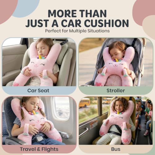 Image of Kids Car Sleeping Pillow, H-Shaped for Neck & Back Support, Pink Unicorn