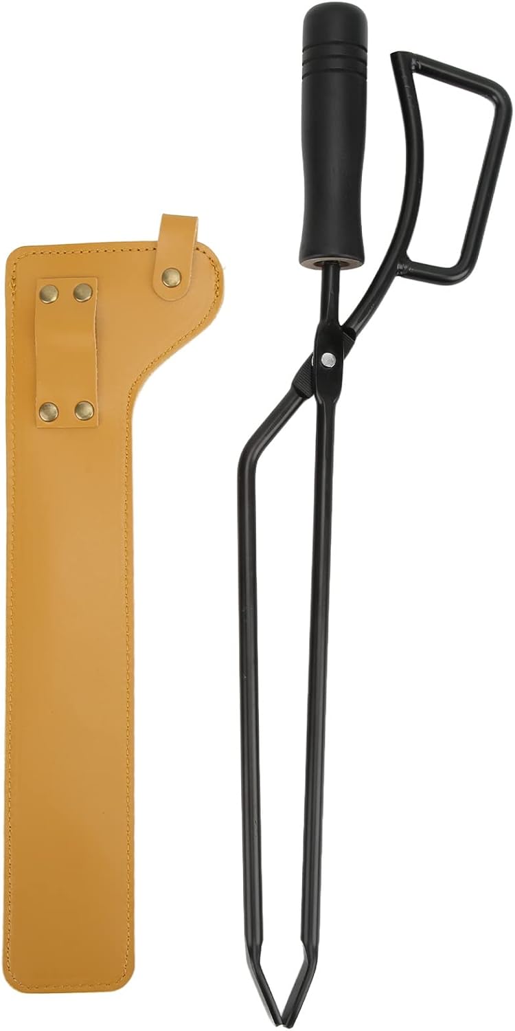 Fireplace Tongs, Fire Pit Charcoal Clip, Stainless Steel Grill Tongs with Protective Sleeve, 12.6 Inch Firewood Tongs for Camping, Outdoor BBQ, Picnic and Hiking (Caramel Colour)