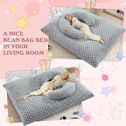 Image of HABUTWAY 3 in 1 Bean Bag Chair with Portable U-Shaped Pillow, Giant Bean Bag with Washable Cover, Convertible Sofa Bed (Light Grey)