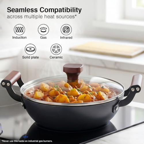 Image of Prestige Castlite Patterned Enamel Coated Cast Iron Kadai 24cm /2.4L with Glass Lid | High Heat Retention, Rust-Proof | Gas & Induction Compatible | Low-Oil Cooking | Stay-Cool Handles | 15Y Warranty