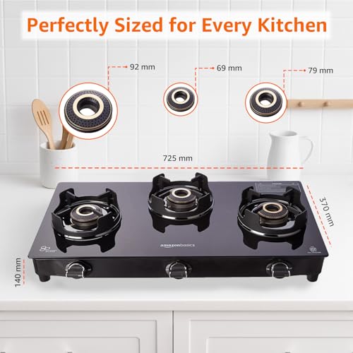 Image of Amazon Basics 3 Burner Glass Top Gas Stove - Auto Ignition, 5G Brass Burners, Crown Pan Supports, ISI Approved, Toughed Glass Top, Anti Skid Legs - Black