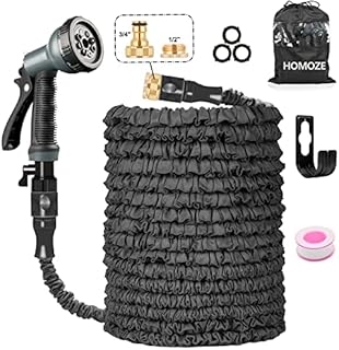 HOMOZE Expanding Hose Pipe, 50ft Garden Hose Pipe with 1/2", 3/4" and Leak-Proof Brass Fittings, Flexible Hose Pipe with 8 Function Spray Gun (Black,50ft)