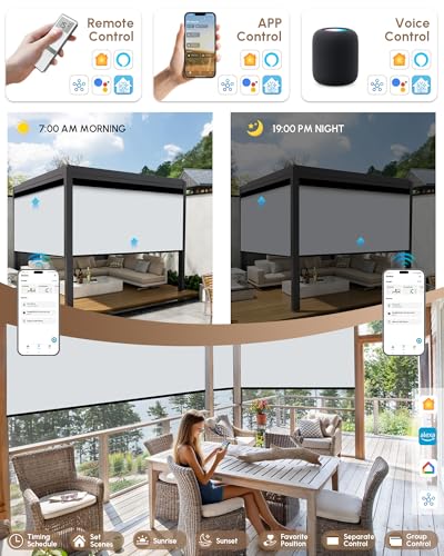 Image of Kincmo Motorized Outdoor Shades for Patio Porch, Custom Outdoor Motorized Blinds with Remote, Waterproof & Windproof Patio Shades Work with Apple Home,Alexa,Google (White Grey-0% Openness)