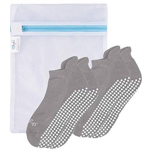 Skyba Non Slip Socks for Women - Barre, Pilates, Yoga, Hospital - Sticky Anti Skid Grip Socks [Three Sizes] (Women's Shoe Size 6.5-8.5/ Men's 5-7, 2 Pairs- Grey)