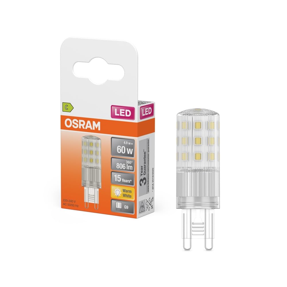 Osram Warm White Led Multi-Colour Led Pin Lamp With Retrofit G9 Socket, 4.9 W/806 Lm, 2700 K Light, Non-Dimmable, Ip20, Lead-Free Glass, Diameter 18 Mm.