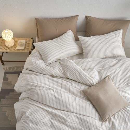 Image of MooMee Striped Duvet Cover Set 100% Washed Cotton Linen Like Textured Breathable Durable Soft Comfy (White Tannish Linen Grey Wide Stripes, Palatial King /Oversized King 120 inchx98 inch) | Relaxed Linen-like Texture. Soft, Breathable & Long-lasting Comfort. Lightweight. Hidden Zipper with 8 Interior Corner Ties