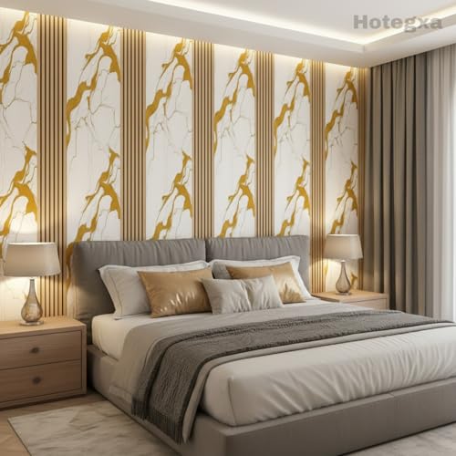 Image of Hotegxa Golden Marble Wooden Louvers Wallpaper for Walls | Self Adhesive Waterproof PVC Peel & Stick Wallpaper | TV Unit Wall Sticker for Living Room, Bedroom, Office Decor (45 x 300 CM)
