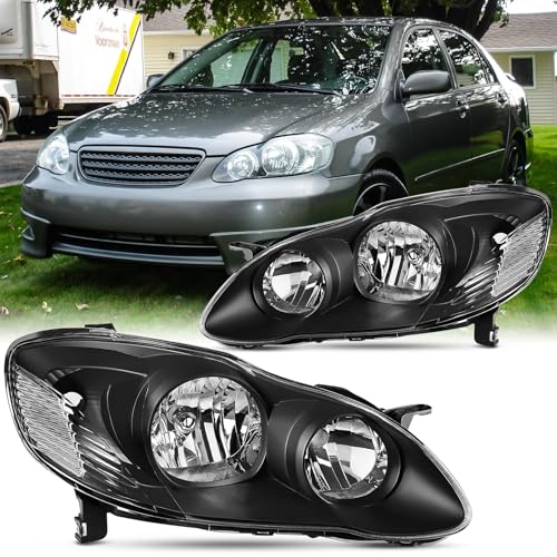 Pair Headlight Assembly Set For 2003 2004 2005 2006 2007 2008 Toyota Corolla CE LE S Replacement Headlamps Matte Black Housing Clear Reflector and Lens Driver and Passenger Side Bumper light(LH&RH)