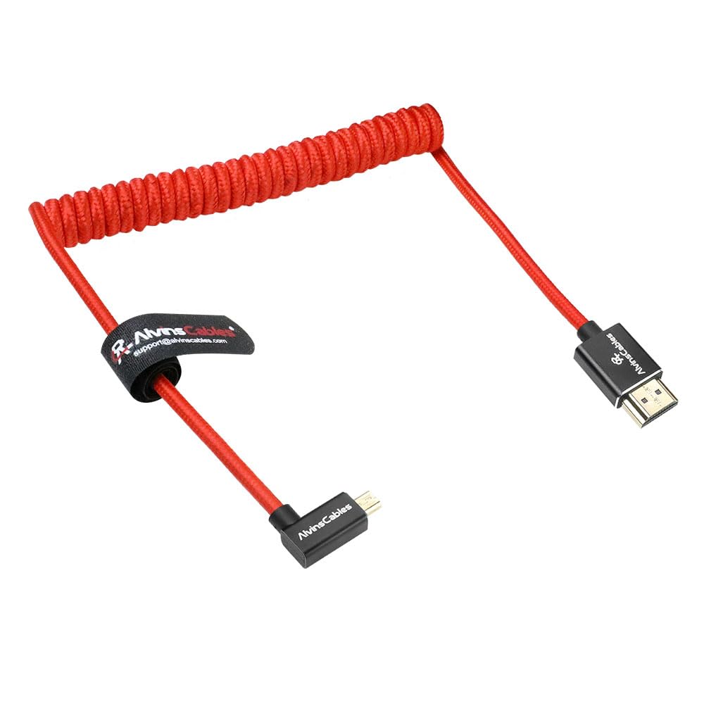 Alvin's Cables Left Angle Micro HDMI to HDMI Cable 8K@60Hz 4K@120Hz, Braided Coiled HDMI 2.1 for Sony A7RIII/A7II/A7M3, Canon R5/M6, Fujifilm X-T4/X-T3, GoPro, Nikon - Red Ultra Durable