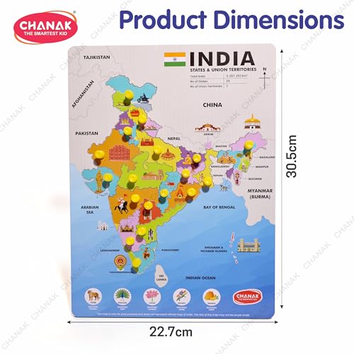 Image of Chanak Wooden India Map Puzzle with Picture & States Name Educational Board for Kids, 18 Piece States Map Montessori Learning Puzzle for Toddlers & Preschoolers, Nursery & Kindergarten 2+ Years