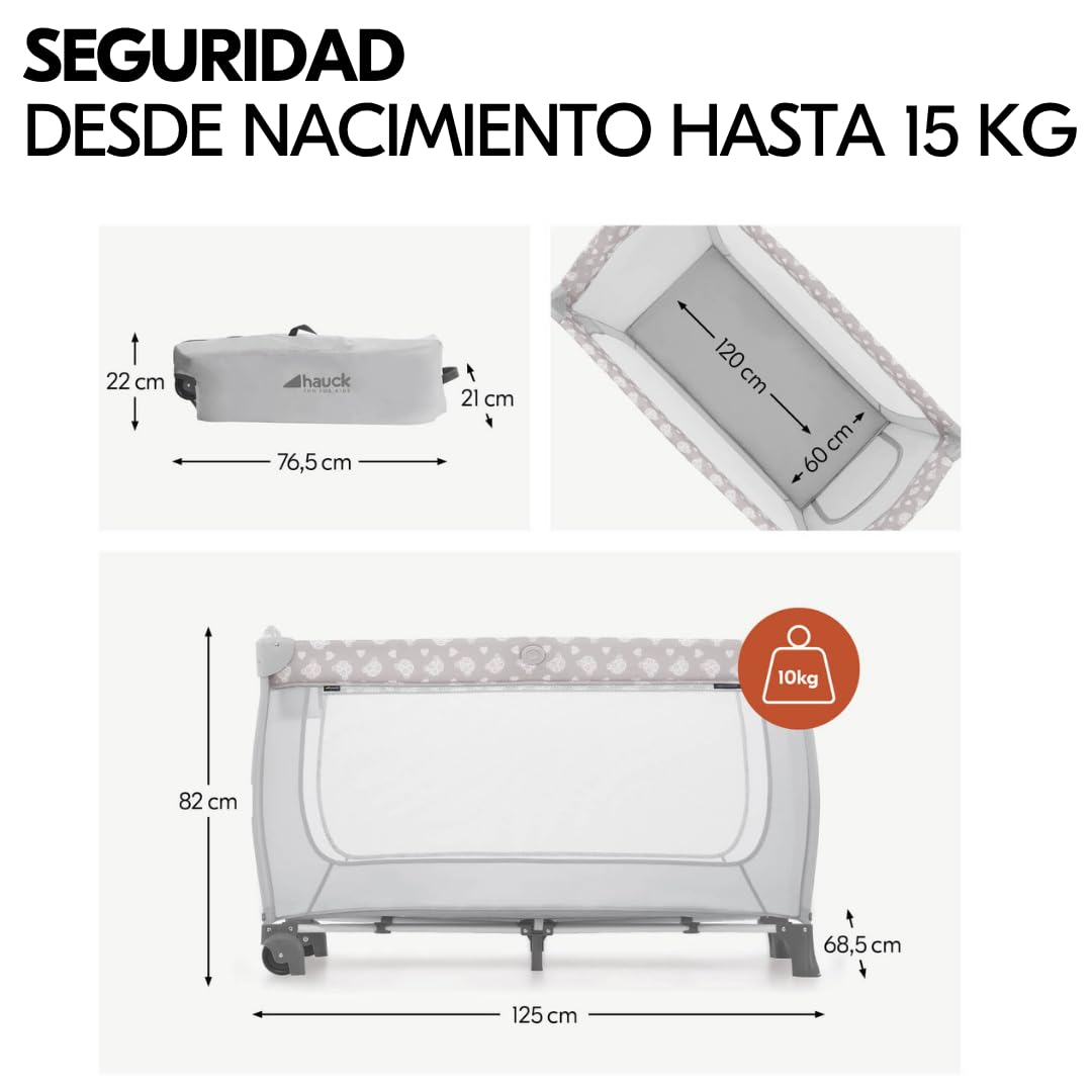 hauck Sleep N Play Center Set Cuna de Viaje Bebe – Teddy Grey | Con colchón, mosquitera, cambiador y elevador recién nacido | Parque infantil plegable y bolsa