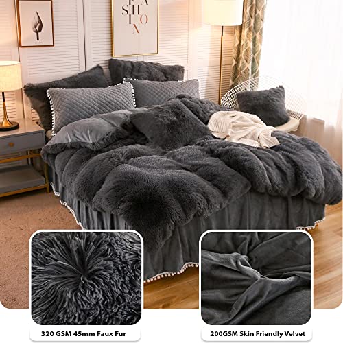 Image of LIFEREVO Luxury Plush Shaggy Duvet Cover Set, Soft Velvet Fluffy Furry Duvet Cover Set(1 Faux Fur Fuzzy Comforter Cover+1 Pom Poms Pillow Sham)Solid Bedding Set, Zipper Closure(Twin /Twin XL,Dark Gray)