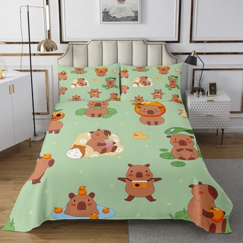 Manfei Capybara Kids Bedspread King Size,Cartoon Duck Lotus Leaf Orange Fruit Rustic Coverlet Set,Boys Girls Room Decor,South American Wild Animal Quilted Coverlet,Green Bedding Quilt,2 Pillowcases