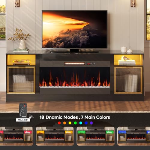 Bestier 70 Inch Fireplace TV Stand for TVs up to 80", LED Entertainment Center with 36" Electric Fireplace, Modern High Gloss Media TV Console with Storage Cabinet for Living Room Bedroom, Black - Image 6