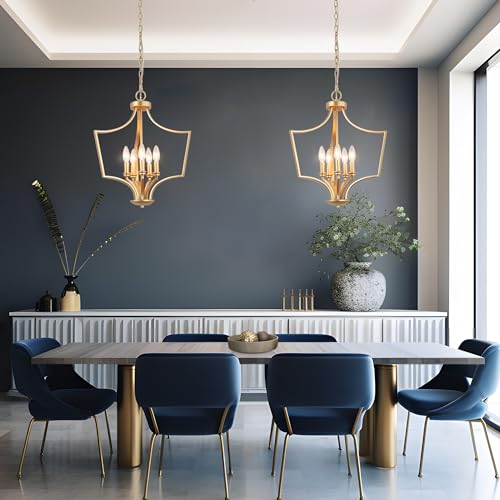 Image of KSANA Gold Chandelier, 5-Light Modern Pendant Lights Kitchen Island, 19'' Geometric Lantern Pendant Chandeliers Light Fixture for Dining Room, Bedroom, Entryway