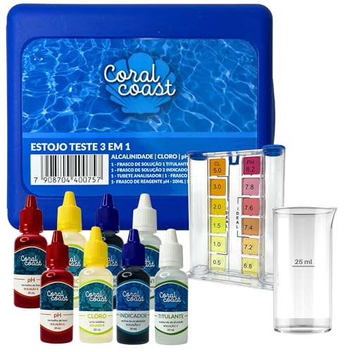 Estojo Medidor 3 em 1 PH Cloro e Alcalinidade + 4 Reagentes Extras CORAL COAST Kit Limpeza Manutenção Piscina