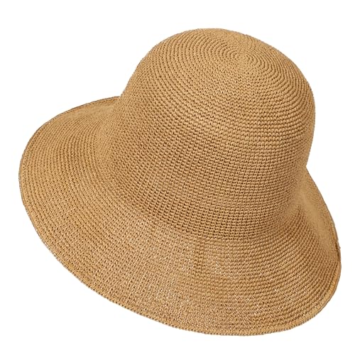 Womens Sun Hat Handmade Foldable Straw Bucket Hat Summer Crochet Travel Cap(M Khaki)