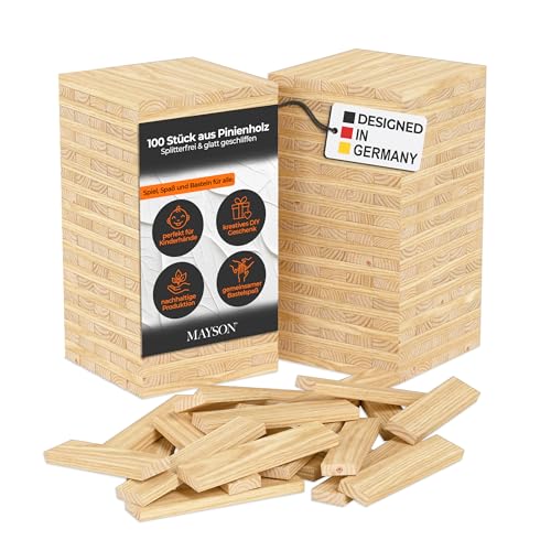 MAYSON Bastelholz 100 Holzklötze aus Pinienholz (120 x 22 x 8 mm) Fein geschliffene Bastelklötzchen & Holzstäbchen für kreative DIY-Projekte und verkleiden - OHNE KLEBER