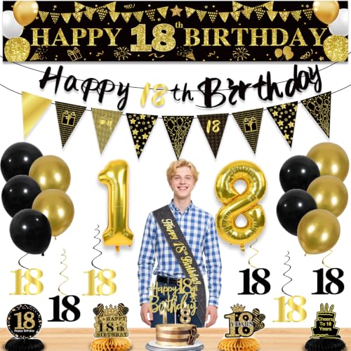 Image of 18th Birthday Decorations for Men, Black Gold 18th Party Decoration Kits