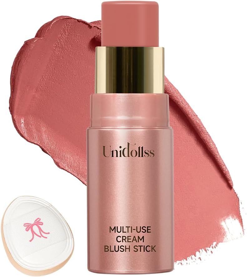 Multi-Use Makeup Cream Blush Stick, Unidollss 3-in-1 Buildable Blush Stick for Cheeks, Eyes, and Lips, Hydrating formula, All day wear, Easy Application with Thumb Puff Included (02 INFATUATION)